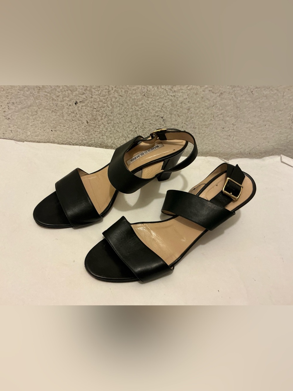 Manolo Blahnik Black Leather Two-Strap Slingback Sandals